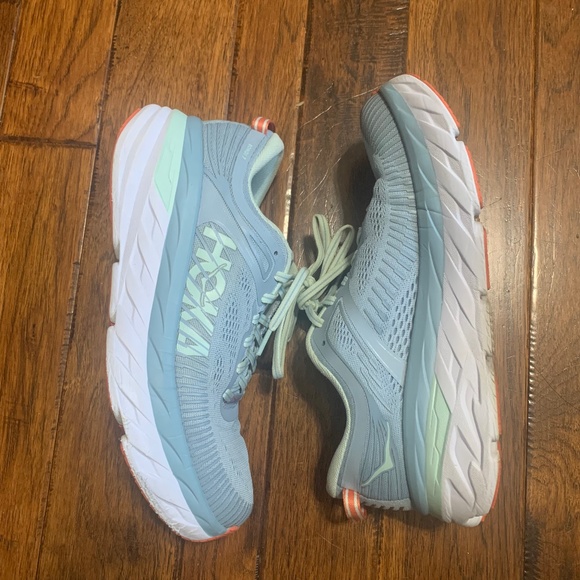 Hoka Shoes - Women’s size 9.5 Hoka Bondi 7 grey, pink, and turquoise running shoes
